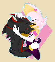 Size: 1280x1434 | Tagged: safe, artist:upbeatundead, rouge the bat, shadow the hedgehog, 2019, abstract background, comforting, duo, ear piercing, earring, eyes closed, heart, hugging, outline, sitting, standing