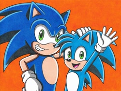 Size: 2191x1651 | Tagged: safe, artist:krisztian1989, sonic the hedgehog, oc, oc:monty the hedgehog, hedgehog, 2023, clenched teeth, duo, hand on another's head, hand on head, hand on hip, looking at viewer, mouth open, orange background, simple background, smile, standing, traditional media, waving