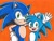 Size: 2191x1651 | Tagged: safe, artist:krisztian1989, sonic the hedgehog, oc, oc:monty the hedgehog, hedgehog, 2023, clenched teeth, duo, hand on another's head, hand on head, hand on hip, looking at viewer, male, mouth open, open smile, orange background, simple background, smile, smiling at viewer, standing, traditional media, waving, waving at viewer