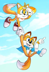 Size: 787x1149 | Tagged: safe, artist:playfullucky, miles "tails" prower, 2021, abstract background, carrying them, clouds, crossover, daytime, duo, flying, holding hands, holding them, looking offscreen, lucky swiftail, outdoors, pointing, smile, spinning tails, super lucky's tale