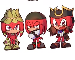 Size: 1670x1337 | Tagged: safe, artist:flufxles, knuckles the echidna, 2025, arms folded, chibi, cute, frown, gnarly knuckles, knucklebetes, knuckles the dread, lidded eyes, mouth open, renegade knuckles, self paradox, signature, simple background, smile, trio, white background