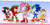 Size: 4800x2400 | Tagged: safe, artist:cartoonicus, amy rose, sonic the hedgehog, abstract background, clothes, cute, group, knuckles' hat, outfit swap, piko piko hammer, redesign, warrior feather
