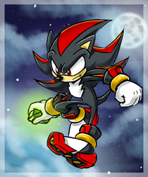 Size: 588x700 | Tagged: safe, artist:tanzillaaaa, shadow the hedgehog, hedgehog, black fur, gloves, male, red eyes, red fur, shoes, solo
