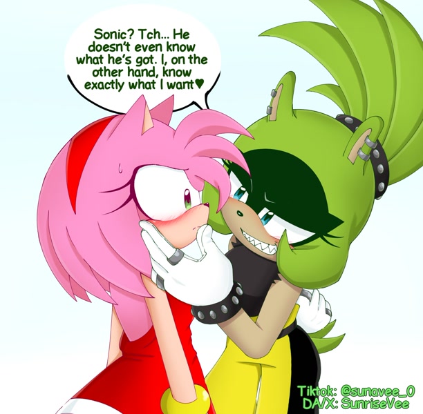 Size: 2048x2009 | Tagged: safe, artist:sunrisevee, amy rose, surge the tenrec, blushing, dialogue, featured image, flirting, hand on cheek, lesbian, shipping, simple background, surgamy, white background