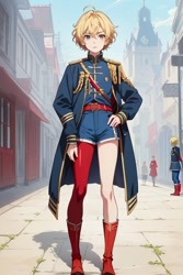 Size: 512x768 | Tagged: safe, ai art, oc, oc:sinclair d'coolette, human, asymmetrical legwear, belt, blue eyes, boots, humanized, jacket, male, shorts, single leg pantyhose, yellow hair