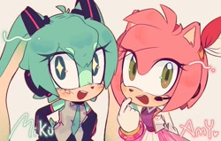 Size: 917x584 | Tagged: safe, artist:barirussia, amy rose, crossover, hatsune miku, mobianified, vocaloid