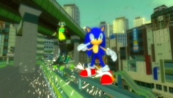 Size: 1366x768 | Tagged: safe, artist:undeadponysoldier, sonic the hedgehog, hedgehog, human, 3d, beat (jet set radio), crossover, garry's mod, gmod, jet set radio, rail grinding, rollerblades, rollerskates, sparks