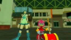 Size: 1366x768 | Tagged: safe, artist:undeadponysoldier, amy rose, hedgehog, human, 3d, amy's hammer, crossover, duo, female, garry's mod, gmod, gum (jet set radio), hammer, jet set radio, piko piko hammer