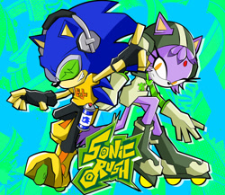 Size: 959x833 | Tagged: safe, artist:xeternalflamebryx, blaze the cat, sonic the hedgehog, cat, hedgehog, beat (jet set radio), cosplay, crossover, dreamcast, duo, female, gum (jet set radio), headphones, jet set radio, male, sonic rush, spray can, spray paint, title card