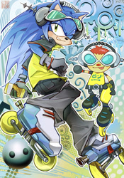 Size: 750x1073 | Tagged: artist needed, safe, sonic the hedgehog, hedgehog, human, beat (jet set radio), chibi, clothes, crossover, jet set radio, jet set radio future, male, rollerblades, rollerskates, spray can, spray paint