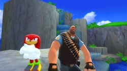 Size: 1366x768 | Tagged: safe, artist:undeadponysoldier, knuckles the echidna, echidna, human, sonic adventure 2, 3d, best friends, chao garden, crossed arms, crossover, garry's mod, gmod, grin, hanging out, happy, heavy, male, sitting, water