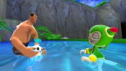 Size: 1366x768 | Tagged: safe, artist:undeadponysoldier, cosmo the seedrian, chao, human, seedrian, sonic adventure 2, 3d, best friends, chao garden, chaobetes, cosmobetes, crossover, cute, female, garry's mod, gmod, hanging out, happy, hero chao, human male, playful, playing, shirtless, sonic x, swimming, swimsuit, team fortress 2, water