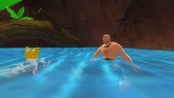 Size: 1366x768 | Tagged: safe, artist:undeadponysoldier, miles "tails" prower, fox, human, sonic adventure 2, 3d, best friends, chao race, duo, engineer, garry's mod, gmod, goggles, hanging out, male, shirtless, sitting, swimming, water