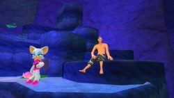Size: 1366x768 | Tagged: safe, artist:undeadponysoldier, rouge the bat, bat, human, sonic adventure 2, 3d, chao race, crossover, female, garry's mod, gmod, hanging out, male, scout, team fortress 2, water