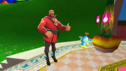Size: 1366x768 | Tagged: safe, artist:undeadponysoldier, omochao, chao, human, sonic adventure 2, 3d, chao race, crossover, garry's mod, gmod, happy, male, soldier, team fortress 2, thumbs up, winner