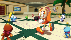Size: 1920x1080 | Tagged: artist needed, safe, artist:peachyowlart, cream the rabbit, chao, rabbit, sonic adventure, dark chao, female, group, happy, hero chao, indoors, looking at viewer, sonic adventure dx, station square