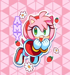 Size: 1732x1861 | Tagged: safe, artist:wyrm_ware, amy rose, 2025, amybetes, character name, cute, flower, food, fruit, solo, strawberry