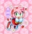 Size: 1732x1861 | Tagged: safe, artist:wyrm_ware, amy rose, 2025, abstract background, amybetes, character name, cute, female, flower, food, fruit, mouth open, open smile, outline, pink background, smile, solo, strawberry, white outline