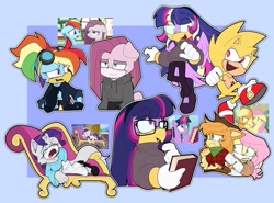 Size: 2048x1514 | Tagged: safe, artist:fieldofcloverz, sonic the hedgehog, super sonic, cat, owl, rabbit, wolf, applejack, fluttershy, hawk, mobianified, my little pony, pinkie pie, rainbow dash, rarity, shiba inu, species swap, super form, twilight sparkle