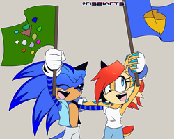 Size: 1709x1364 | Tagged: safe, artist:risziarts, sally acorn, sonic the hedgehog, chipmunk, hedgehog, acorn, alternate outfit, angel island, au:sonic world travel, blue power pattern, celebration, chaos emerald, cyan power pattern, duo, flag, master emerald, sally x sonic, straight, tank top