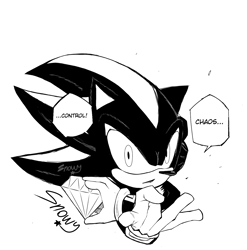 Size: 2713x2741 | Tagged: safe, artist:snowylolz, shadow the hedgehog, chaos emerald, dialogue, fight, male, pose, solo, speech bubble, text, watermark