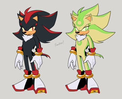 Size: 1248x1009 | Tagged: safe, artist:scourgefrontier, shadow the hedgehog, hedgehog, black fur, gloves, green eyes, green fur, male, red eyes, red fur, shoes, yellow fur