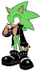Size: 349x600 | Tagged: safe, artist:virune, scourge the hedgehog, hedgehog, blue eyes, fingerless gloves, green fur, jacket, male, shoes