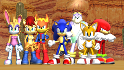 Size: 1192x670 | Tagged: safe, artist:danidt, antoine d'coolette, bunnie rabbot, knuckles the echidna, miles "tails" prower, rotor walrus, sally acorn, sonic the hedgehog, mmd