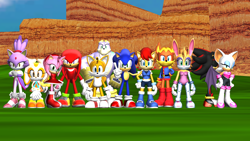 Size: 1192x670 | Tagged: safe, artist:danidt, amy rose, antoine d'coolette, blaze the cat, bunnie rabbot, cream the rabbit, knuckles the echidna, miles "tails" prower, rotor walrus, rouge the bat, sally acorn, shadow the hedgehog, sonic the hedgehog, mmd