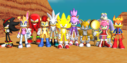 Size: 1264x632 | Tagged: safe, artist:danidt, amy rose, antoine d'coolette, blaze the cat, bunnie rabbot, knuckles the echidna, miles "tails" prower, rotor walrus, sally acorn, shadow the hedgehog, silver the hedgehog, sonic the hedgehog, super sonic, mmd, super form