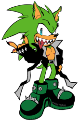 Size: 394x600 | Tagged: safe, artist:mightourge, scourge the hedgehog, hedgehog, belt, blue eyes, fingerless gloves, green fur, jacket, male, shoes
