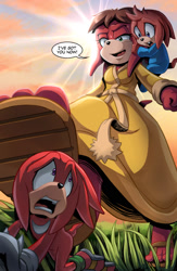 Size: 1105x1700 | Tagged: safe, artist:glitcher, knuckles the echidna, lara-le, comic:knuckles-deep in trouble, extreme size difference, kneecaps the echidna