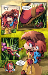 Size: 1105x1700 | Tagged: safe, artist:glitcher, knuckles the echidna, lara-le, comic:knuckles-deep in trouble, extreme size difference, kneecaps the echidna