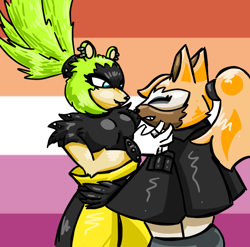 Size: 776x768 | Tagged: safe, artist:iamlinkfromloz, surge the tenrec, whisper the wolf, lemur, wolf, 2025, cute, duo, female, holding each other, lesbian, lesbian pride, pride, pride flag, pride flag background, shipping, smile, whisper x surge
