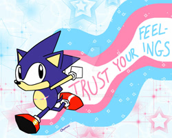 Size: 1280x1024 | Tagged: safe, artist:chumimi420, sonic the hedgehog, 2025, city escape (song), classic sonic, english text, looking at viewer, low poly, no mouth, pride, running, signature, solo, sparkles, star (symbol), top surgery scars, trans male, trans pride, transgender