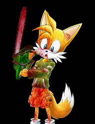 Size: 600x780 | Tagged: artist needed, dead source, safe, miles "tails" prower, fox, blue eyes, chainsaw, hoodie, male, orange fur, shoes, shorts, socks