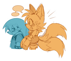 Size: 811x696 | Tagged: safe, artist:ocdkitsunami, artist:son1c, kit the fennec, miles "tails" prower, cute, duo, frown, gay, kit x tails, monochrome, shipping, simple background, smile, speech bubble, transgender, white background