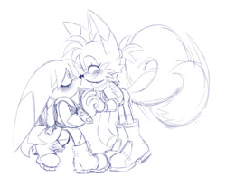 Size: 1502x1240 | Tagged: safe, artist:ocdkitsunami, artist:son1c, kit the fennec, miles "tails" prower, blushing, cute, duo, gay, holding hands, kit x tails, line art, monochrome, shipping, simple background, smile, spinning tails, transgender, white background