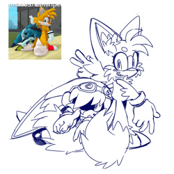 Size: 2000x2000 | Tagged: safe, artist:ocdkitsunami, artist:son1c, kit the fennec, miles "tails" prower, duo, gay, grey background, kit x tails, line art, looking at viewer, monochrome, pointing, posing, reference inset, shipping, simple background, smile, transgender