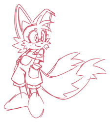 Size: 737x811 | Tagged: safe, artist:ocdkitsunami, artist:son1c, miles "tails" prower, beanbrows, cute, freckles, hands in pocket, line art, looking offscreen, monochrome, overalls, simple background, sketch, smile, solo, transgender