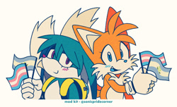 Size: 1484x905 | Tagged: safe, artist:sonicpridecorner, kit the fennec, miles "tails" prower, achillean, achillean pride, ask response, blue tongue, blushing, cute, duo, flag, gay, kit x tails, looking at viewer, pride, pride flag, shipping, simple background, smile, trans male, trans pride, transgender, white background