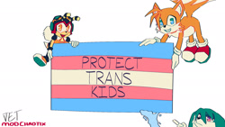 Size: 1920x1080 | Tagged: safe, artist:sonicpridecorner, charmy bee, kit the fennec, miles "tails" prower, english text, flag, flying, frown, looking at viewer, pride, pride flag, signature, smile, tentacle, trans pride, trio, water
