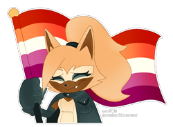 Size: 1525x1124 | Tagged: safe, artist:sonicpridecorner, whisper the wolf, alternate version, cute, eyes closed, flag, holding something, lesbian, lesbian pride, one fang, outline, pride, pride flag, simple background, smile, solo, transparent background