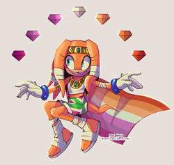 Size: 1790x1699 | Tagged: safe, artist:sonicpridecorner, tikal, cape, chaos emerald, grey background, lesbian, lesbian pride, looking offscreen, pride, signature, simple background, smile, solo