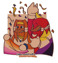 Size: 1150x1250 | Tagged: safe, artist:sonicpridecorner, knuckles the echidna, tikal, confetti, cute, duo, flag, holding something, lesbian, lesbian pride, nonbinary, nonbinary pride, pride, pride flag, signature, smile
