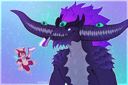 Size: 1500x1000 | Tagged: safe, artist:sonicpridecorner, chip, dark gaia, abstract background, demisexual, demisexual pride, duo, flag, holding something, looking at each other, mouth hold, outline, pride, pride flag, signature, smile, trans pride, transgender
