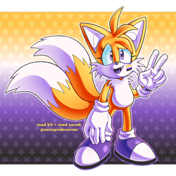 Size: 1500x1500 | Tagged: safe, artist:sonicpridecorner, miles "tails" prower, abstract background, border, cute, limited palette, looking at viewer, nonbinary, nonbinary pride, one fang, outline, pride, pride flag background, signature, smile, solo, standing, star (symbol), v sign