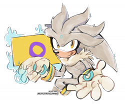 Size: 1744x1466 | Tagged: safe, artist:sonicpridecorner, silver the hedgehog, flag, intersex, intersex male, intersex pride, looking at viewer, pride, pride flag, psychokinesis, signature, simple background, smile, solo, white background
