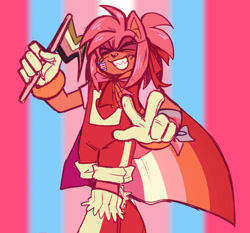 Size: 931x869 | Tagged: safe, artist:carnation-damnation, amy rose, abstract background, aromantic, aromantic pride, cape, cute, eyes closed, flag, lesbian, lesbian pride, pride, pride flag, smile, solo, trans female, trans pride, transgender, v sign