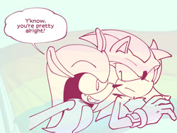 Size: 1600x1200 | Tagged: safe, artist:project-sonadow, mighty the armadillo, shadow the hedgehog, arms folded, dialogue, duo, english text, frown, gay, gay pride, line art, looking at each other, mightadow, monochrome, pride, rarepair, smile